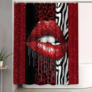 1pc/4pcs Rhinestone Lip Leopard Zebra Shower Curtain Set, Colors, Includes Plastic Hooks, Non-Slip Mat, Toilet Pad