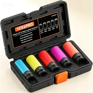 Thin Wall Deep Impact Socket Set, 1/2 Inch Drive Non-Marring Lug Nut Sockets, Metric and SAE Sizes 17mm 19mm 21mm 13/16 7/8, 5 Piece Wheel Protector Kit, Reusable Professional Automotive Tools