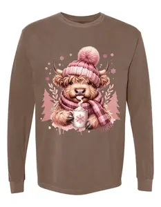 Pink Highland cow on Comfort color long sleeve