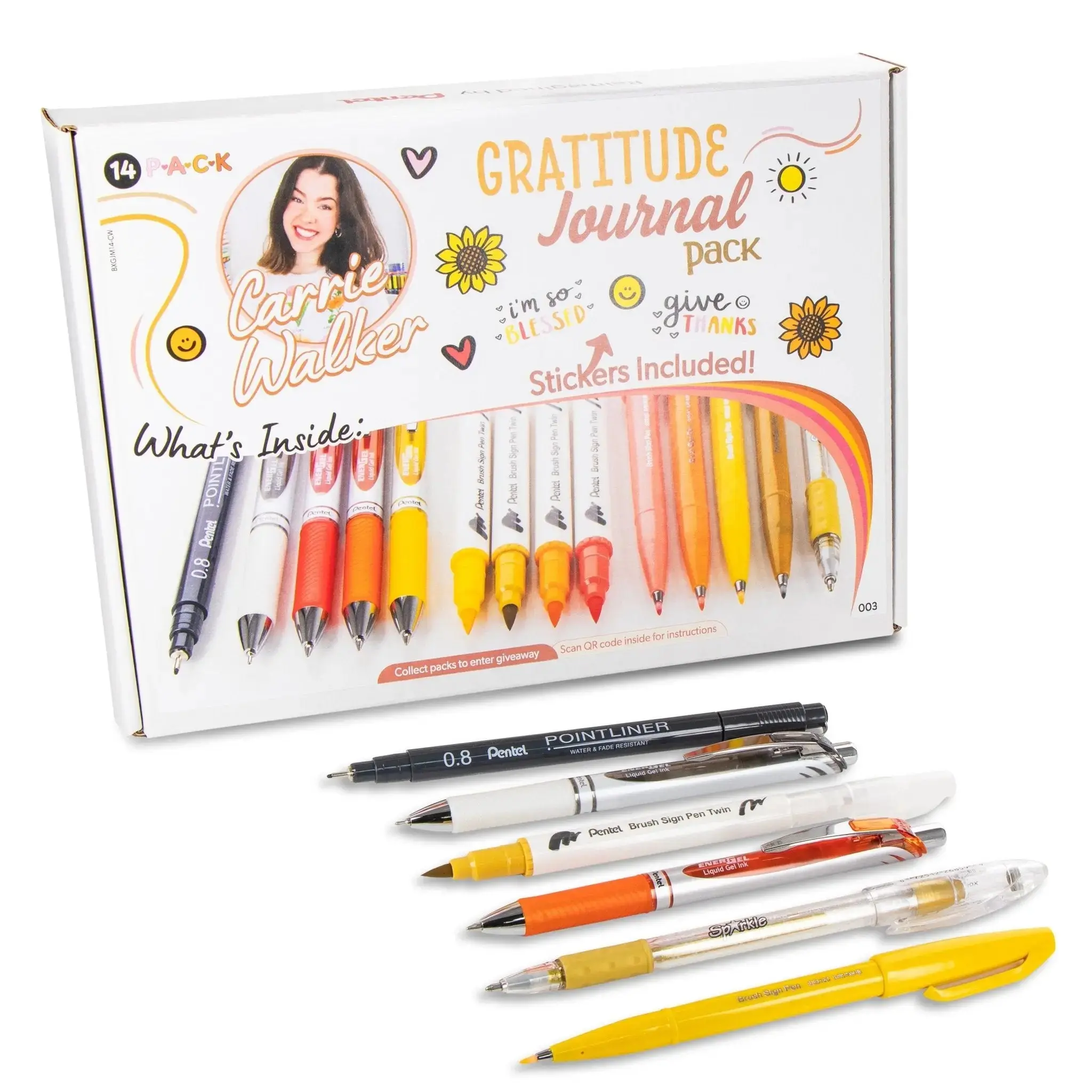 Pentel Gratitude Journaling Pack - High-Quality Office & School Stationery Kit with Mindfulness, Uplifting Themes, Sticker Sheet, 0.7mm Needle Tip Black Ink, 0.8mm Multiple Tips, 4 Sign Brush Tools, Carmine, Ochre, Vibrant Tones