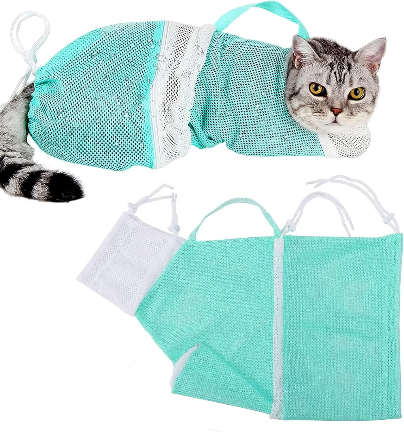 Green Adjustable Pet Grooming Mesh Bag for Cats (Up to 15.5 lb) - Anti-Bite, Anti-Scratch, Paw Protection, Bathing Use, Clean Support, Comfortable and Relaxed Experience, Adjustable Straps, Zippers, Ideal for Manicure, Eye Drop Checking, Injections
