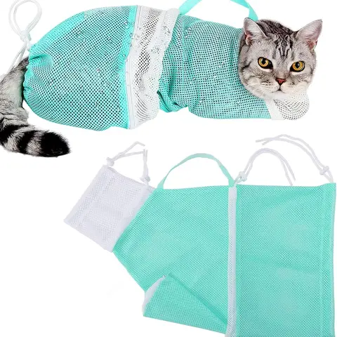 Green Adjustable Mesh Cat Grooming Bag (Up to 15.5lb) - Anti-Bite, Anti-Scratch, Paws Protection, Adjustable Straps, Zippers, Comfortable & Relaxed Fit, Eye Drop Checking, Ear Check Access, Injection Compatible, Ideal for Bathing, Clean Manicure Tasks