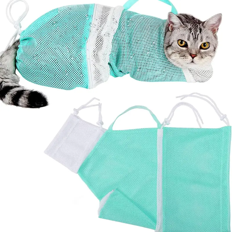 Green Adjustable Mesh Cat Grooming Bag (Up to 15.5lb) - Anti-Bite, Anti-Scratch, Paws Protection, Adjustable Straps, Zippers, Comfortable & Relaxed Fit, Eye Drop Checking, Ear Check Access, Injection Compatible, Ideal for Bathing, Clean Manicure Tasks