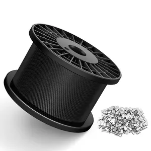 Black Vinyl Coated Wire Rope 1/16", 1000FT 304 Stainless Steel Cable with 300PCS Aluminum Crimping Loop Sleeves for String Light Cable, Clotheslines, Trellis and Light Picuture Hanging