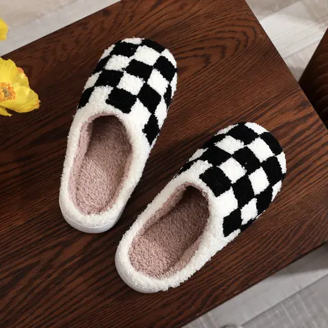 Women's Plush Slides, Black and White Checked Casual Chic Footwear, Cozy Indoor House Shoes with Memory Foam and a Non-Slip Sole, Flat Slipper, Slippers For Women, Checkered Plaid, Ankle, Tpr Rubber, Cotton Upper, Round Toe, Classic, Cute