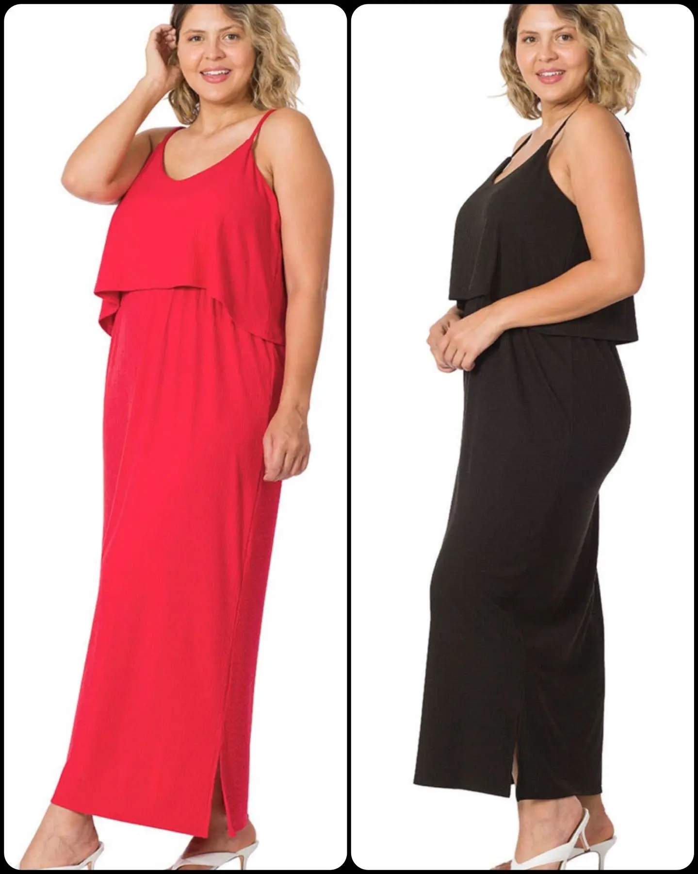 Ribbed Double Layer Side Slit Dress With Adjustable Straps