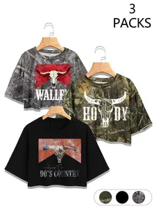 3-Pack Western Slogan Cropped Tees, Country Casual Tops, Fun Slogans & Camo Prints, Loose Fit, Perfect for Festivals & Concerts, Aesthetic, Camouflage