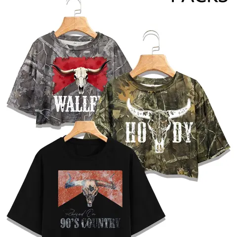 3-Pack Western Slogan Cropped Tees, Country Casual Tops, Fun Slogans & Camo Prints, Loose Fit, Perfect for Festivals & Concerts