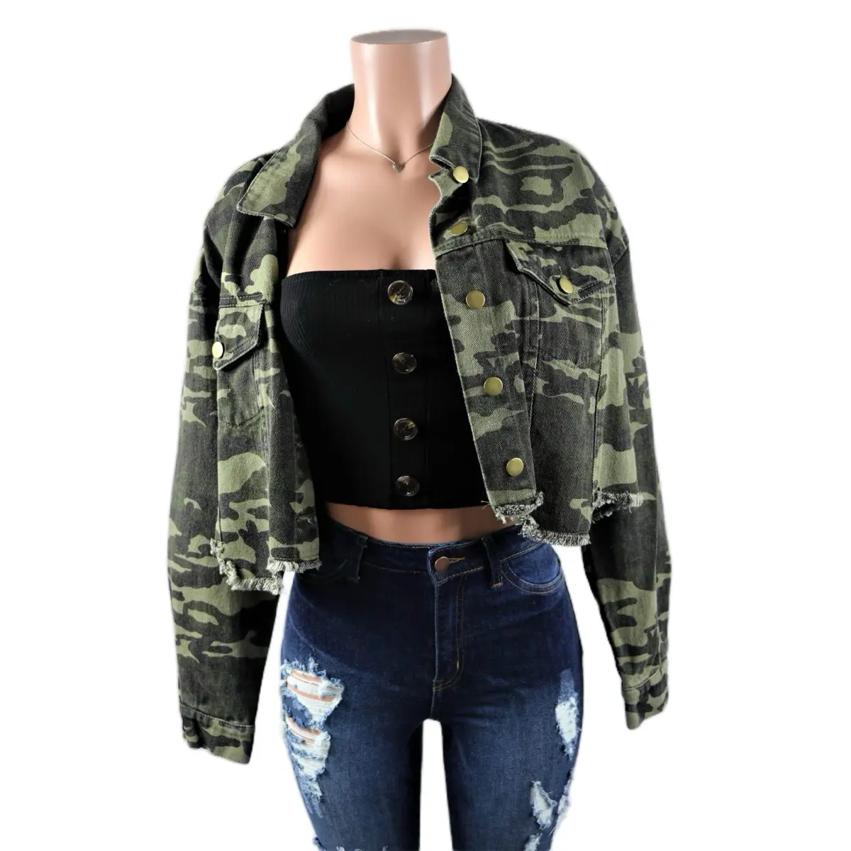 Olive Camo Crop Jacket - Final Sale Camouflage Collared Casual Cotton Womenswear Coats