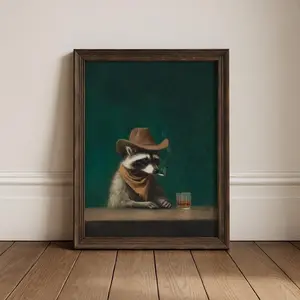 Smoking Raccoon Cowboy Wall Art, Vintage Funny Animal Home Decor, Moody Bar Lounge Poster1 - (Unframe)