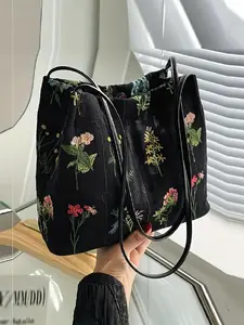 Random Floral Embroidery Canvas Shoulder Bag, Fashion Bucket Bag, Fashion Large Capacity Women's Handbag, Trendy Ladies Shopping Bag, Fashionable Patterned Bag