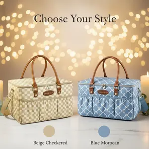 DOKUS & CO Luxe Diaper Caddy Tote, Extra-Large Collapsible Baby & Pet Organizer for Home Car Travel, Giftable Hospital Bag for New Moms & Pet Owners, Beige Checkered Design, Water-Resistant Cotton Blend, 12-Month Warranty