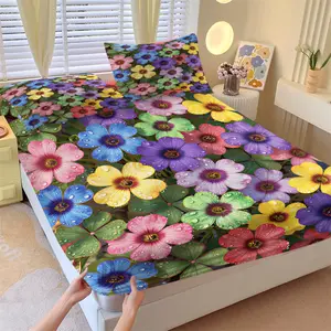 3Pcs Vibrant Floral Printed Fitted Sheet Set, Beautiful Multi-Colored Bed Sheet Set with Oxalis Design, Soft and Breathable Microfiber for Luxurious Comfort, Perfect for Brightening Up Your Bedroom Decor, No Filler, Decorative Bedsheet Sets