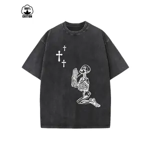 Men's Casual Vintage Graphic T-Shirt, Water Washed Heavyweight 100% Cotton Knit, Loose Fit Crewneck Short Sleeve Tee with Geometric Print