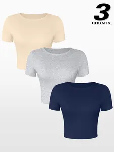 Women's Plain Casual Slim-Fit Short Sleeve 3 Pieces Crop Top, Round Neck T-Shirt, Available in 9 Colors, Perfect for Daily Wear & Summer