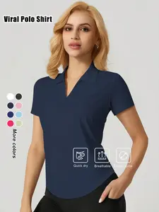 Women’s Casual Polo Style V-Neck Shirt – Soft Stretchy Short Sleeve Blouse for Daily Wear– Comfortable Breathable Collared Top Activewear