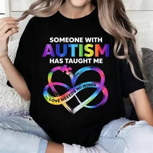 Someone with Autism Taught Me Graphic T-Shirt - Autism Awareness Puzzle Piece & Heart Design Loose Fit Round Neck Tee for Men & Women, All-Season Casual & Outdoor Wear, Autism Support Appar