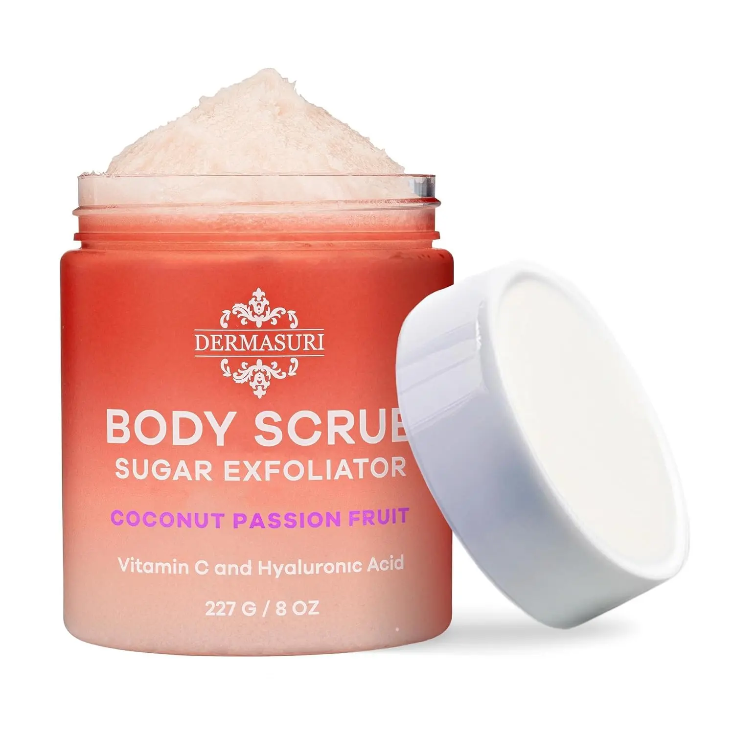 Dermasuri Sugar Body Scrub with Shea Butter & Vitamins for Long Lasting Moisture and Radiant Glow, Exfoliating Polish, Light Coconut Passionfruit Scent, Hyaluronic Acid, Adults, Anti-Aging, Hydrating Glow, Feet, 6-8.9Oz