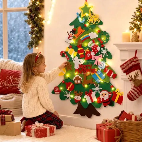 Classic Tree-Shape LED Light-Up DIY Felt Christmas Tree Kit - Detachable Parts, Eco-Friendly Home Decor Ornaments, Hanging Ornaments, String Lights, Kids’ Santa Gift, Trendy Party Lighting Decoration for Christmas