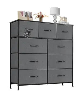 Dresser for Bedroom, 9 Storage Drawers, Anti-Tip Tall Fabric Closet Chests Organizer Tower Furniture with Wooden Top Metal Frame for Clothes, Kids Room, Living Room, Hallway, Entryway