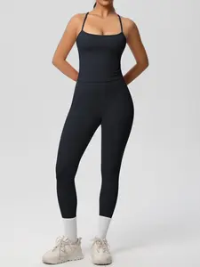 Women's Solid Color Camisole & High Waist Leggings Tracksuit Set, High Stretch Casual Comfy Sporty Sleeveless Backless Crop Top & Yoga Skinny Pants, Ladies Sportswear for Indoor Outdoor Wear, Gym Wear