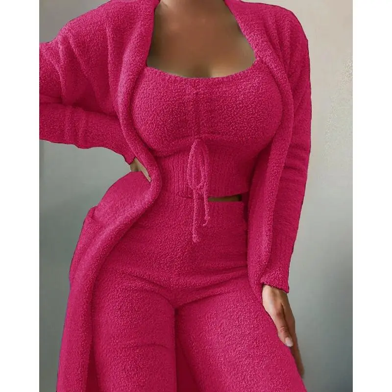 Women's Plush Three-piece Set, Lace-up Pajamas Set, Casual Set, Loungewear