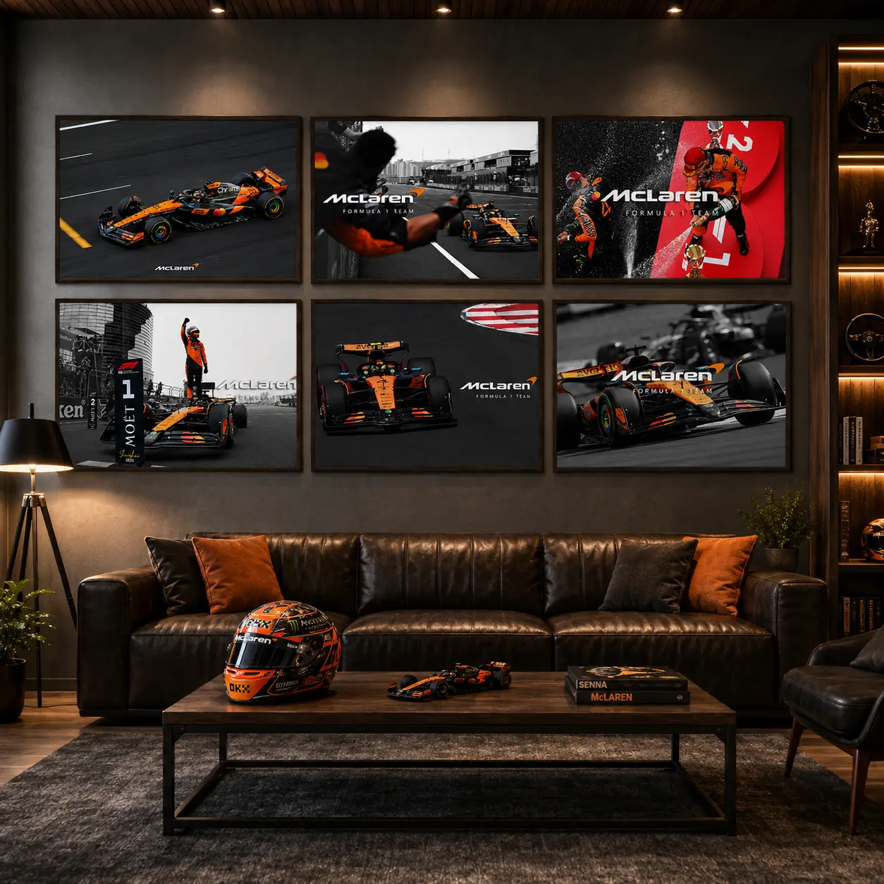 Orange Formula Racing Canvas Poster Set McLaren Race Car Wall Art For Man Cave Garage Sports Bar Decor