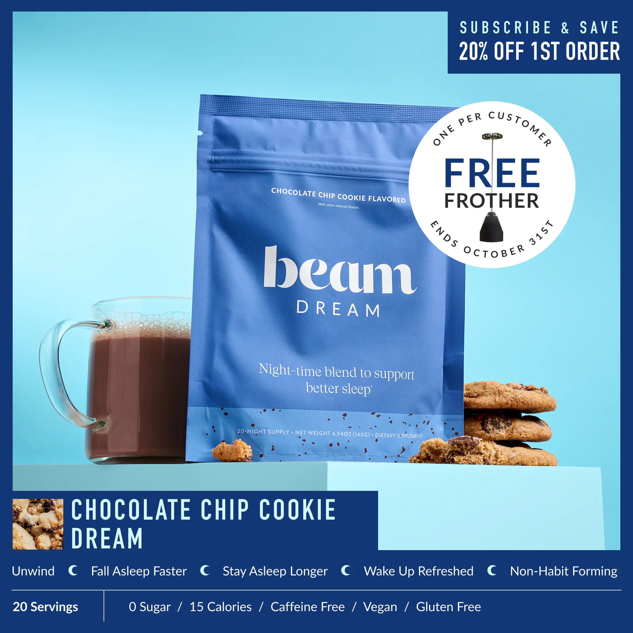 Beam Dream Sleep Support Hot Cocoa Mix – Chocolate Chip Cookie, Melatonin, Magnesium & L-Theanine, Sugar Free, Caffeine Free, 15 Calories, 20 Servings