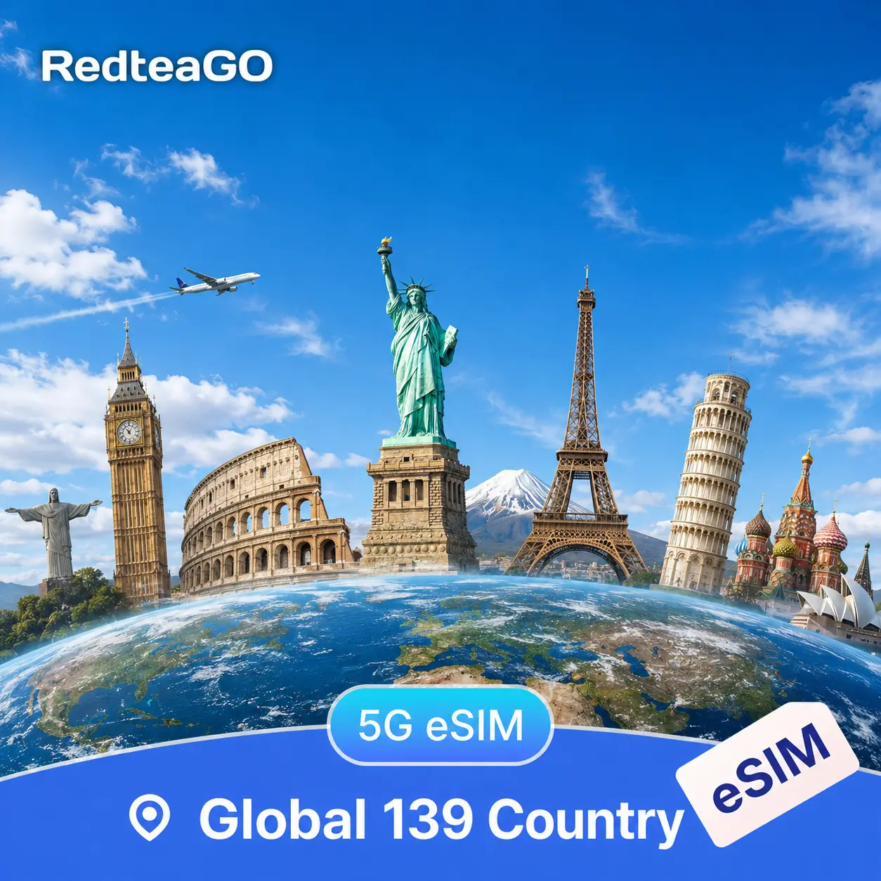 RedteaGO Global eSIM 139 Countries | Data 5G | No Roaming | Instant Activation| Fast 5G | No SIM Card Needed| 5G Travel Data Plan