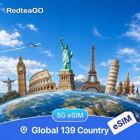 RedteaGO Global eSIM for 139 Countries - Phone Data Only Plan, Instant Activation, Fast 5G, No Physical SIM Needed, Compatible with iOS & Android
