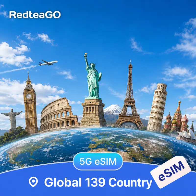 RedteaGO Global eSIM for 139 Countries - Phone Data Only Plan, Instant Activation, Fast 5G, No Physical SIM Needed, Compatible with iOS & Android