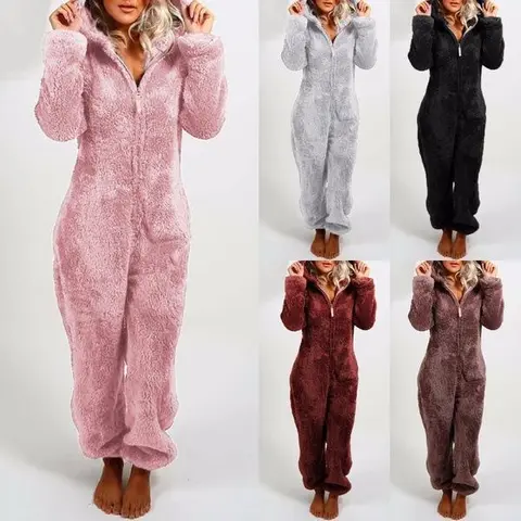 Womens Onesies Pajamas Jumpsuit Warm Romper Sleepwear One Piece Zipper Hooded Playsuit Loungewear