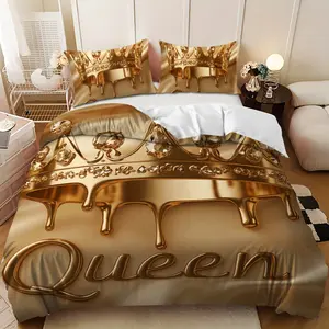 Bedding 3-piece set - 3PCS,Gold Brown Satin Queen Crown Design Down Comforter Set (1 comforter cover + 2 pillowcases, filling not included) - soft and comfortable, suitable for family bedrooms.