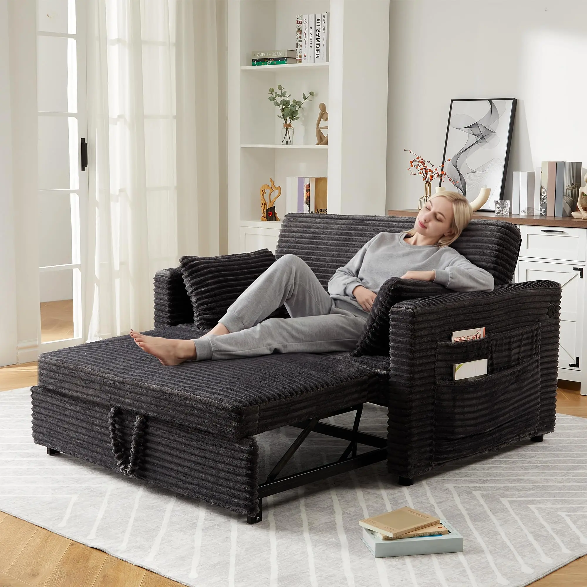 55" Futon Sofa Bed, Loveseat Corduroy Convertible Sleeper Sofa with Pull Out Couch & Adjustable Backrest, 2 Charging Stations & Side Pockets for Living Room, Apartment & Office