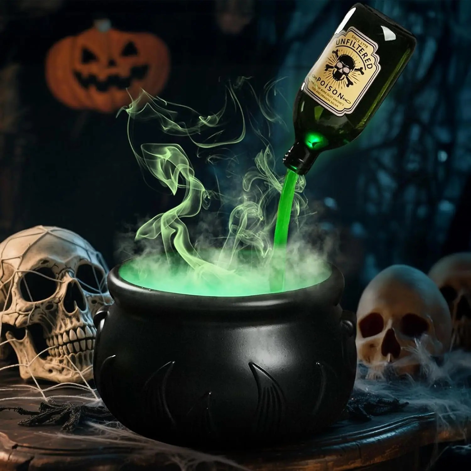 Halloween Decorations Indoor - DIY Witches Cauldron Floating Potion Set | Spooky Vintage Black Plastic Bowl with Mist Maker, Hocus Pocus Party Decor for Home Table Mantel Kitchen Room