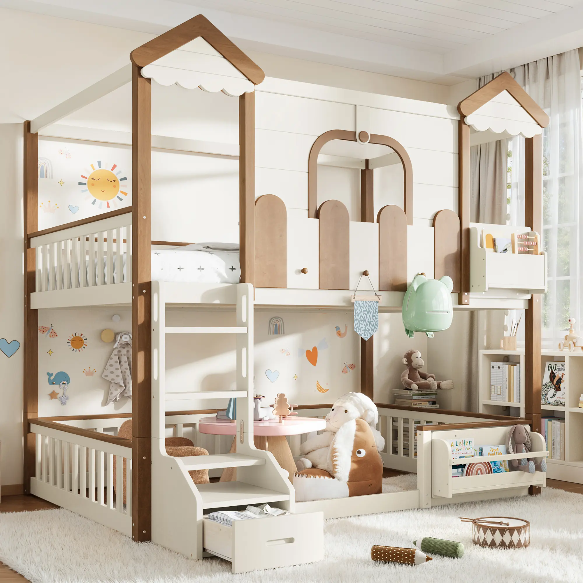 [Bellemave] Full over Full House Bunk Bed with Storage Bookshelf and Drawer, Solid Wood Bunk Bed with Roof and Windows, Childlike Playhouse And Detachable Design. Beige & Deep Natural