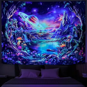 Blacklight Galaxy Space Tapestry Trippy Planet Tapestry UV Reactive Neon Plant Floral Wall Tapestries Fantasy Forest Mountain Tapestries Wall Hanging for Home Decor(51.2"x59.1")