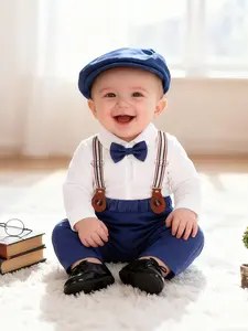 Baby Boy Suit Set, Gentleman for First Birthday Party, Shirt Bow Tie Suspender Pants Hat, Formal Baby Clothing
