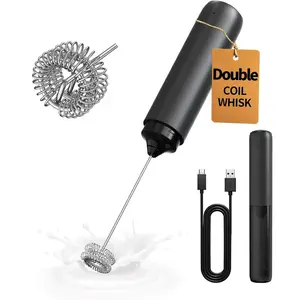 Rechargeable handheld milk frother, dual coil stirring head electric coffee frother, portable handheld milk frother, suitable for matcha latte cappuccino, kitchen gifts, black