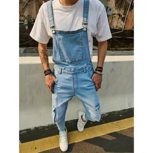 American High Street Washed Retro Blue Workwear, Multi Pocket Denim Overalls, Slim Fit Trend, Street Men'S Denim Jumpsuit Pants, Trendy Menswear Stretch Cotton Fabric