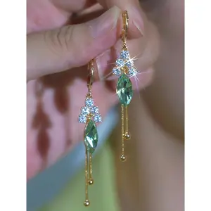 LisiZen Women's Long Green Leaf Clip-on Earrings Tassel Dangles Bold Fashion Jewelry DZEH5757
