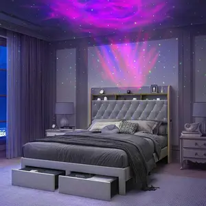 Queen LED Bed Frame  Storage Drawers, Full Size Upholstered Platform Beds  Galaxy Star Projector Charging Station Speaker, King Aurora Bedframe  2-Tier Storage Headboard, Twin Bed, Noise-Free, Velvet Gray Double Sliding Tub Door with