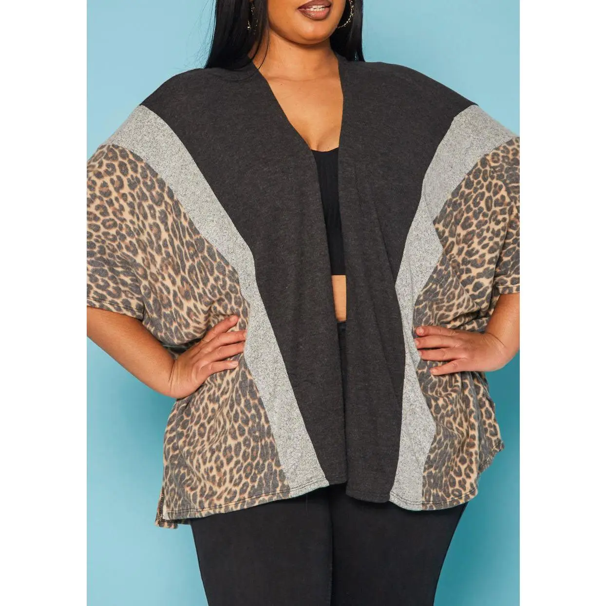 HI Curvy Plus Size Women Leopard Print Color Block Cardigan