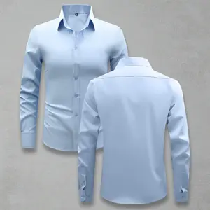 Men’s Patchwork Long-Sleeve Shirt — Spring/Autumn Slim Fit Blue Button-Up Business Work Shirt for Men, Suitable for Early Spring