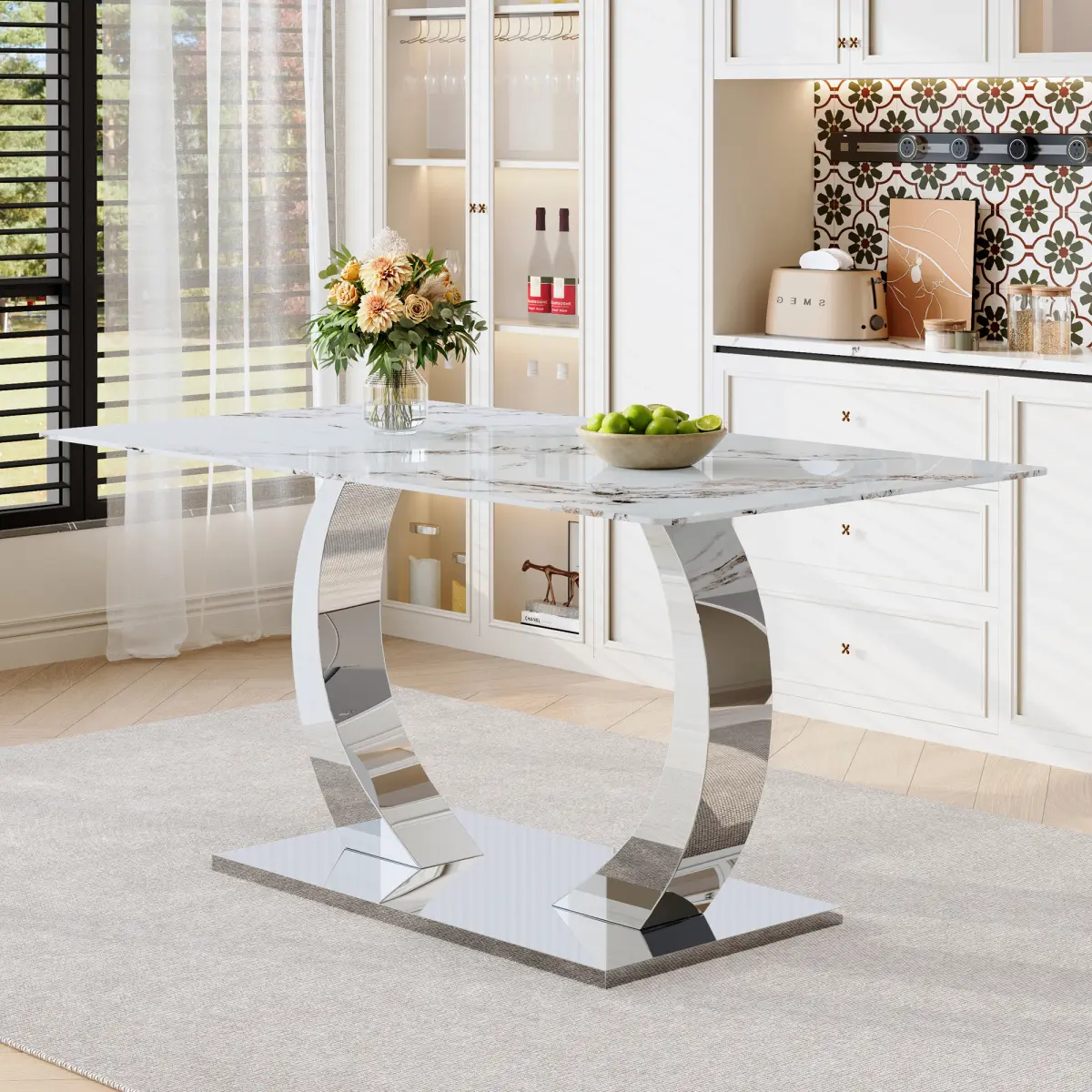 Transformable Heavy-Duty Stainless Steel Base in Silver 63" x 35" Dining Table  Luxury White Pattern Tempered Glass Rock Top for Kitchen Dining Room