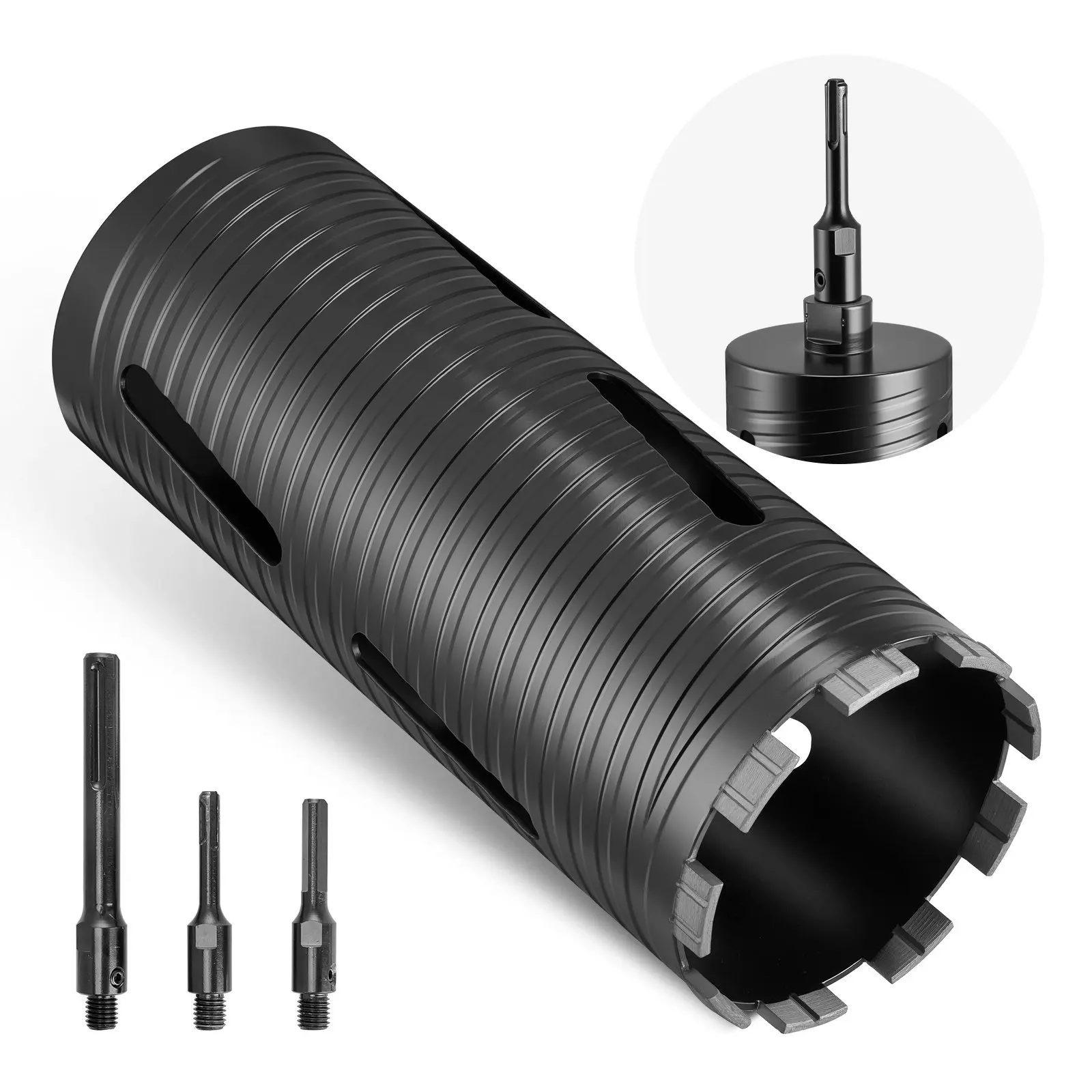 【DealsForYouDays】VEVOR Carbon Steel Dry Core Drill Bit, 4 in Diameter, 9-1/2 in Drilling Depth, 5/8-11 Internal Thread, with 3 Adapters, Pilot Bit & Hex Wrench, for Concrete, Red Bricks, Masonry, Dry Drill