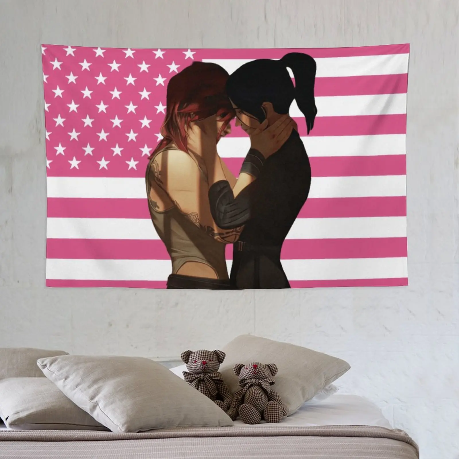 Caitlin Arcane Anime Linen-Cotton Print Tapestry, 40x30in (102x76cm) Light Decorative Wall Hanging with Blush Pink American Flag Design, Cute Aesthetic Gift for Dorm Home Decor Supplies