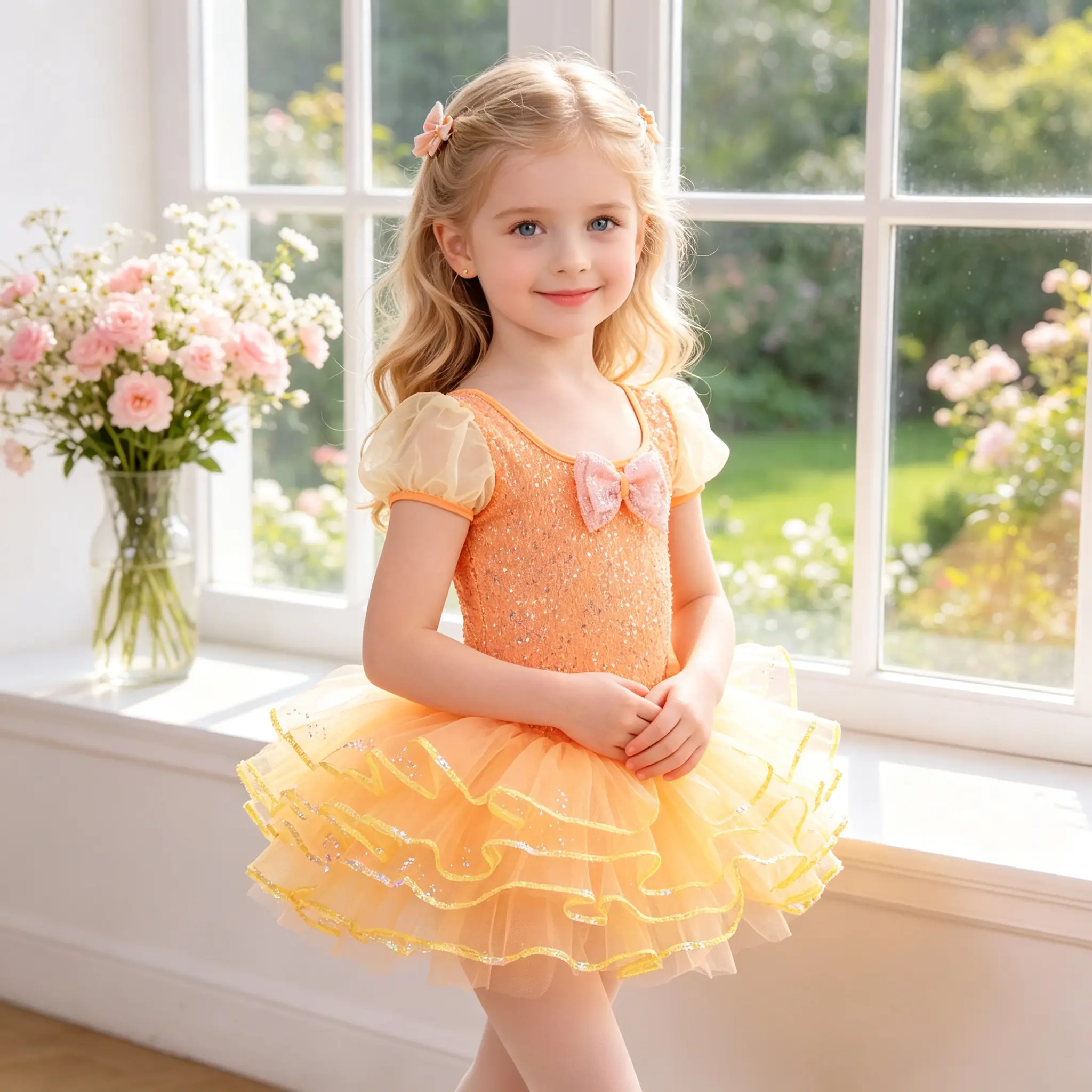 Orange Sparkly Ballet Tutu Dress for Toddler Girls, Puff Short Sleeve Bow Sequin Leotard Layered Glitter Tulle Skirt, Princess Outfit for Ballet Class Birthday Party Photoshoot Dress Up Costume