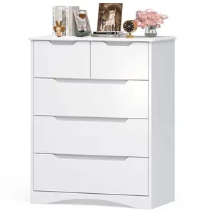 Gizoon 5 Drawers Chest, White Dresser for Bedroom with Large Storage Capacity, Chest of Drawers with Embedded Handle, Anti-Tripping Device for Hallway, Office, Living Room