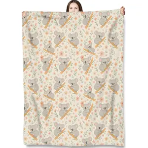 Cute Koala Floral Throw Blanket Gifts for Girls Kids Animal Lovers,Playful Cartoon Wildlife and Flower Blankets for Living Room Bedroom Decor, Fuzzy Warm Flannel Plush